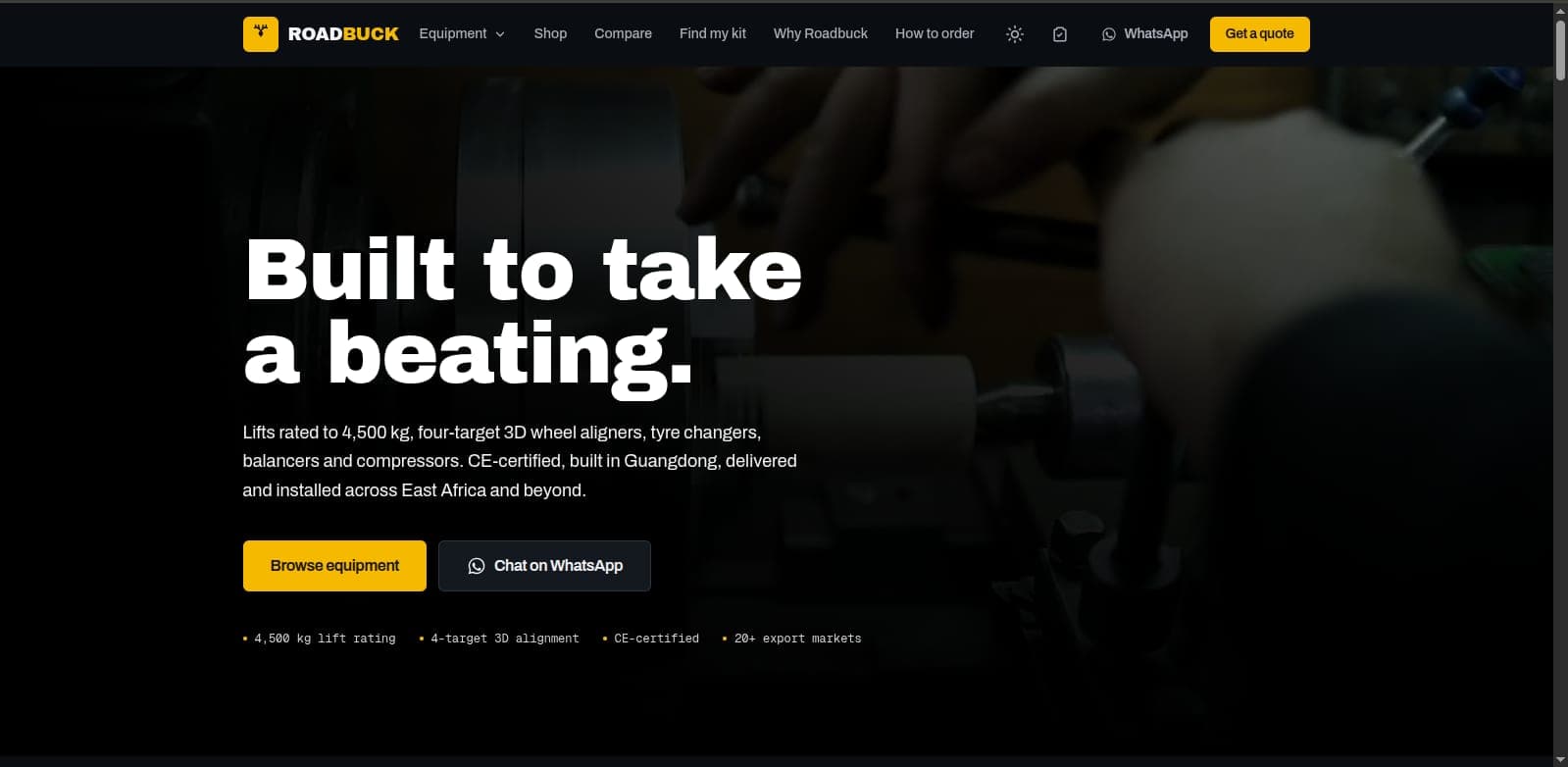 Roadbuck homepage: a dark steel-and-safety-yellow hero reading 'Built to take a beating' over a workshop photo.
